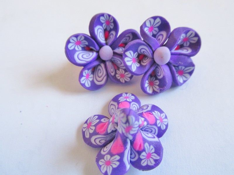 (image for) Purple/White polymer clay flowers (3pcs) #FL34